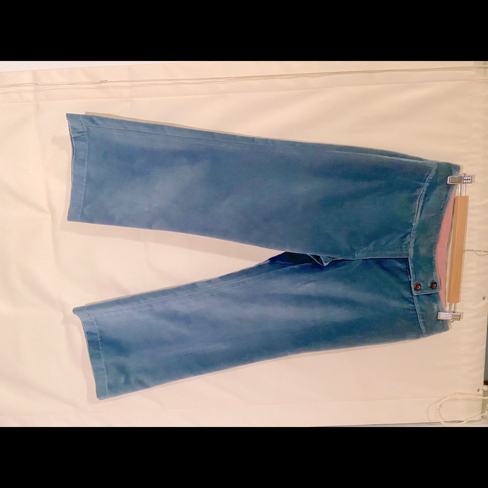 Crop length blue velvet pants w slight flared leg. Beautifully made designer.